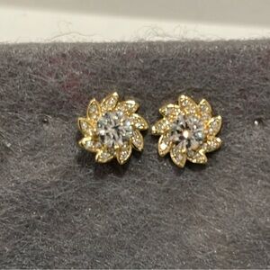 Gold Floral Crystal Stud Earrings - White Crystal